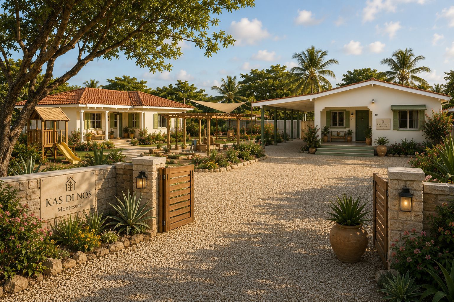 De ingang en tuin van Kas di Nos op Bonaire